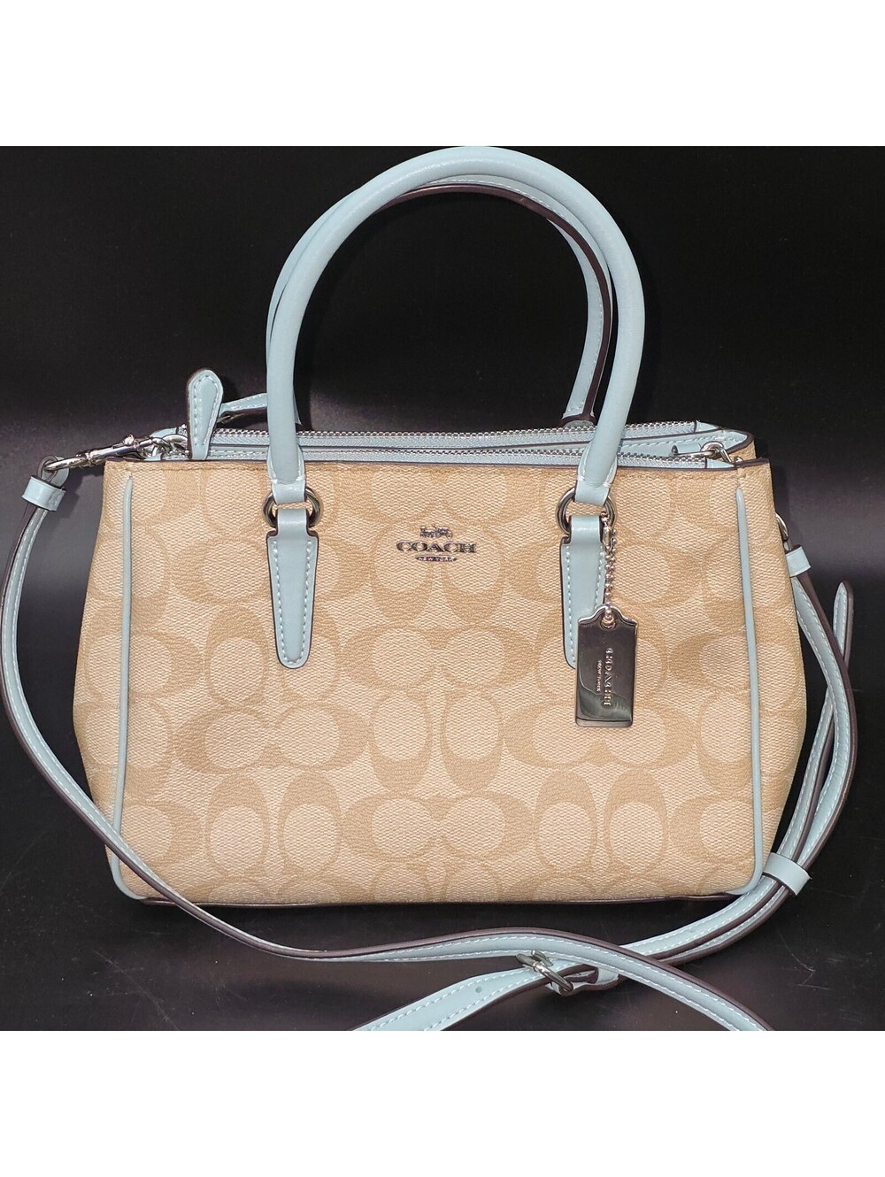 Coach Mini Surrey Carryall Signature Canvas Khaki Baby Blue Crossbody F67027